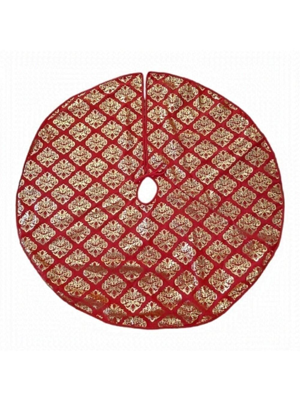 Nwot Large 47 Inch Red/Gold Gilded Christmas Tree Skirt With Tie Closure
